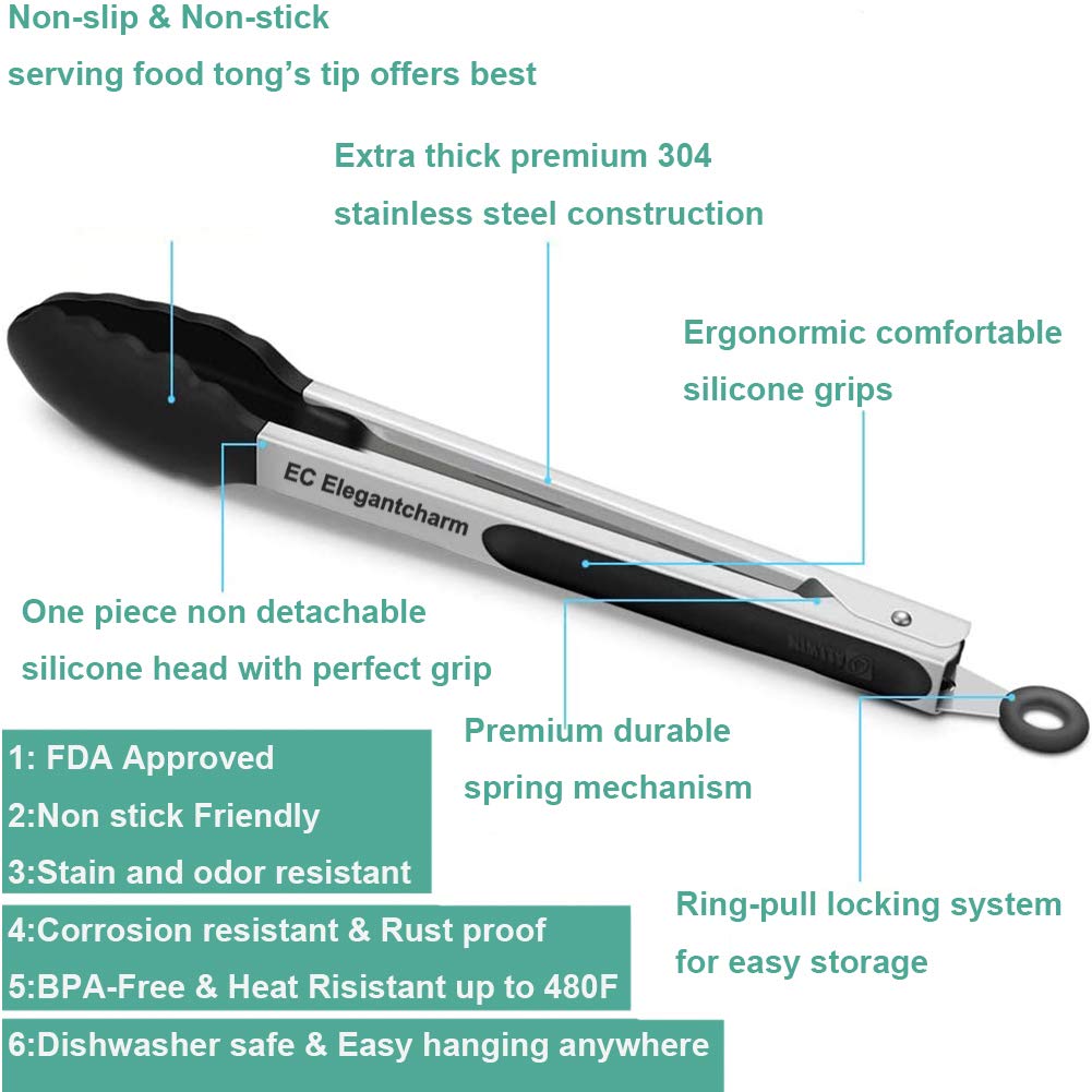 Elegantcharm high heat resistant kitchen tongs ideal for searing and turning foods.