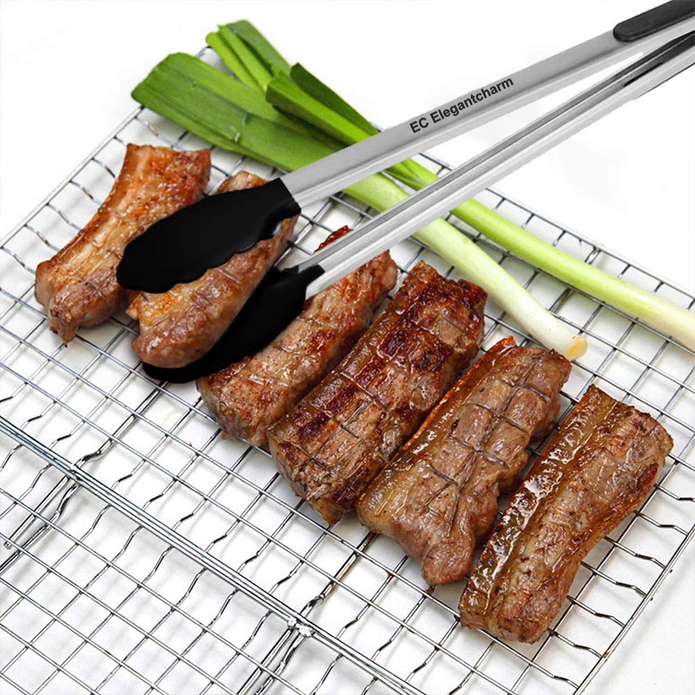 Elegantcharm long professional BBQ tongs maintain a safe distance from open flame.