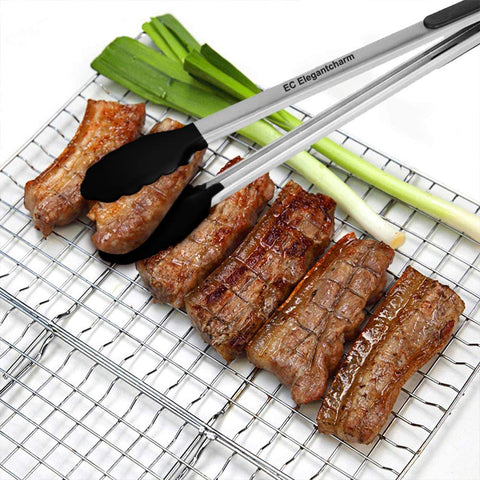 Elegantcharm long professional BBQ tongs maintain a safe distance from open flame.