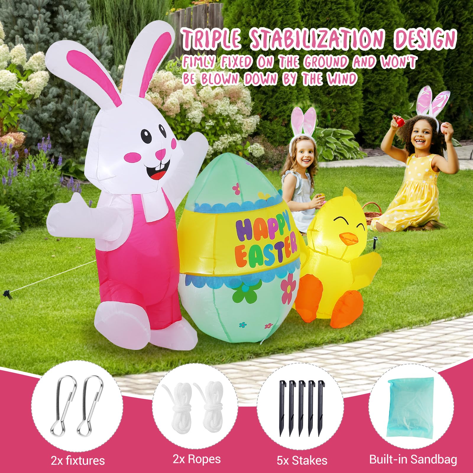 Elegear Easter inflatable includes stakes and sandbags for stable placement
