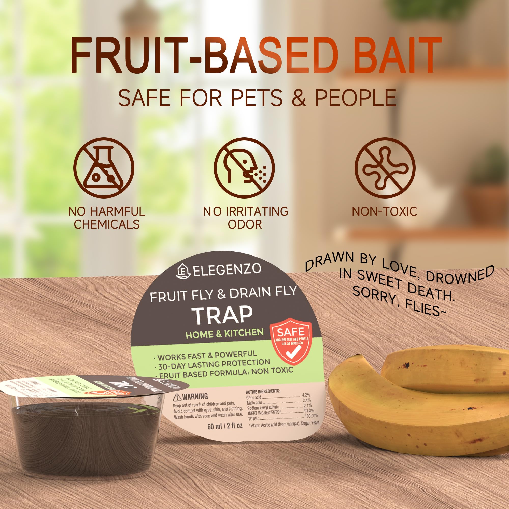 Fruit-based bait visual highlights strong attraction.
