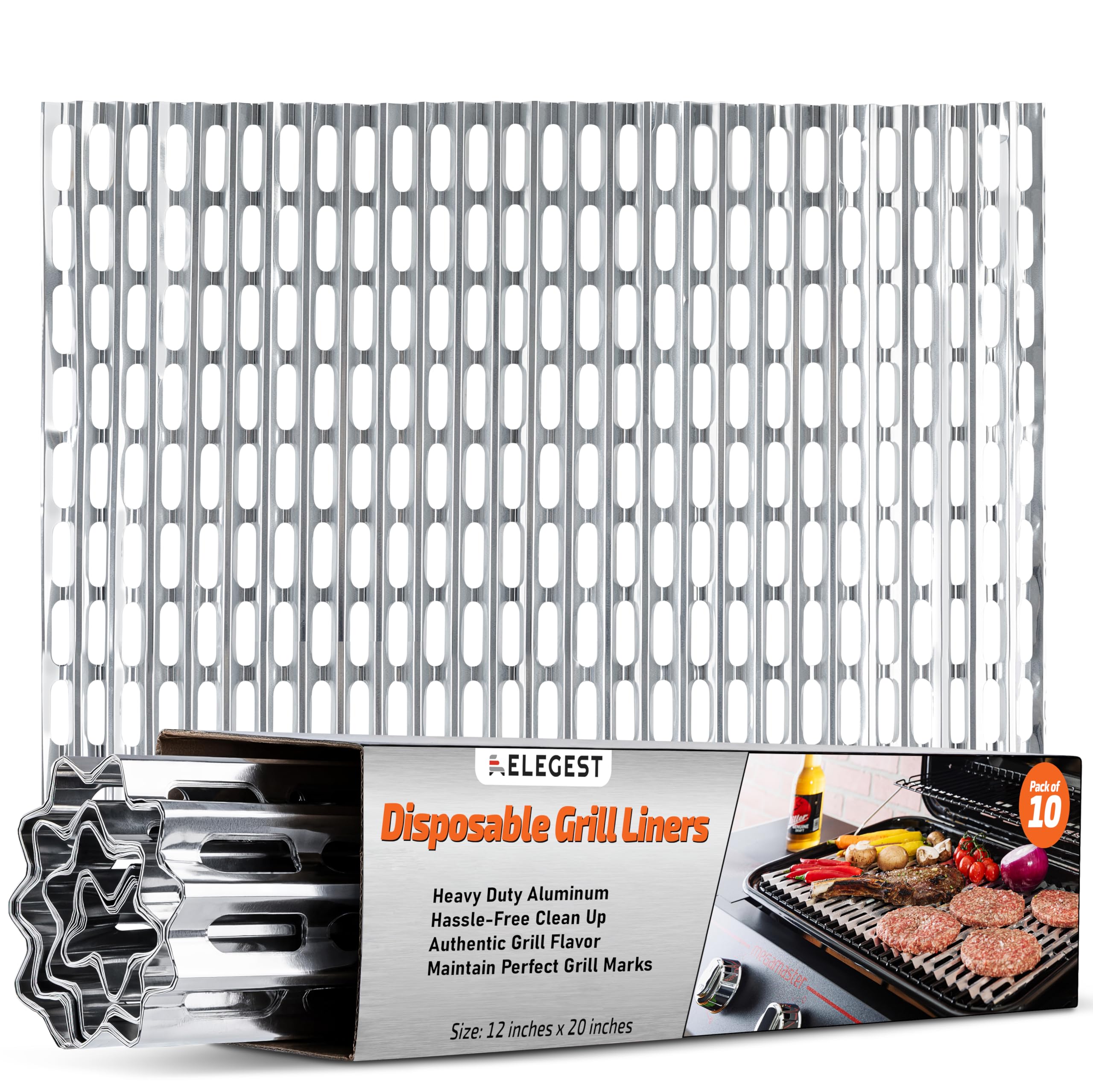 Elegest grill liner packaging shot shows 10-pack convenient for outdoor grilling