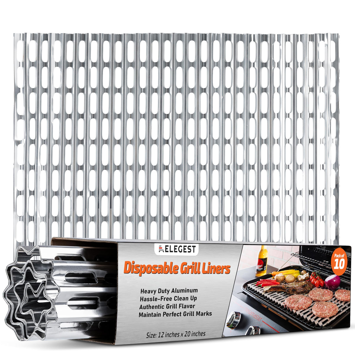 Elegest grill liner packaging shot shows 10-pack convenient for outdoor grilling