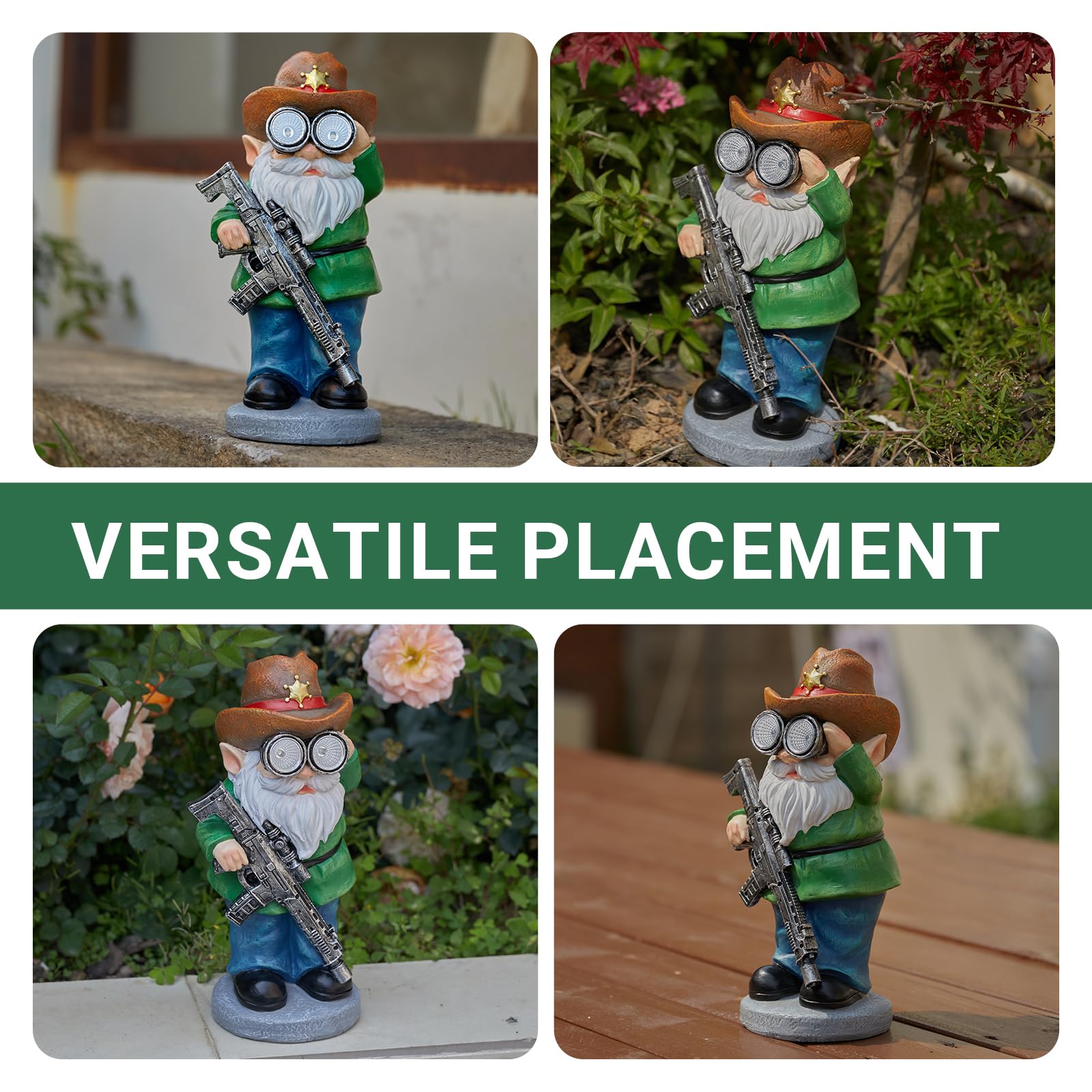 Elegondrar gnome with night light creates cozy yard atmosphere near steps.