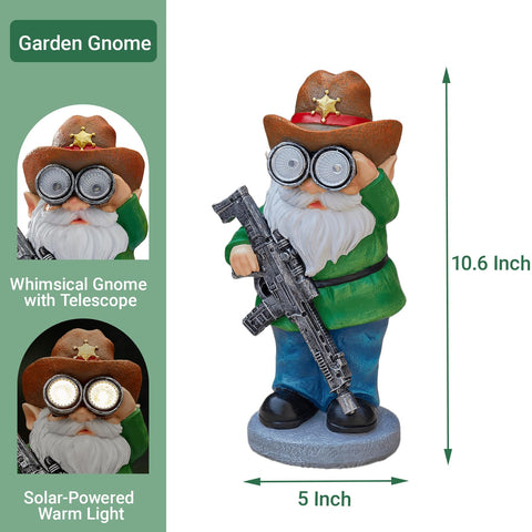 Elegondrar gnome holding rifle adds playful character to flower beds and borders.