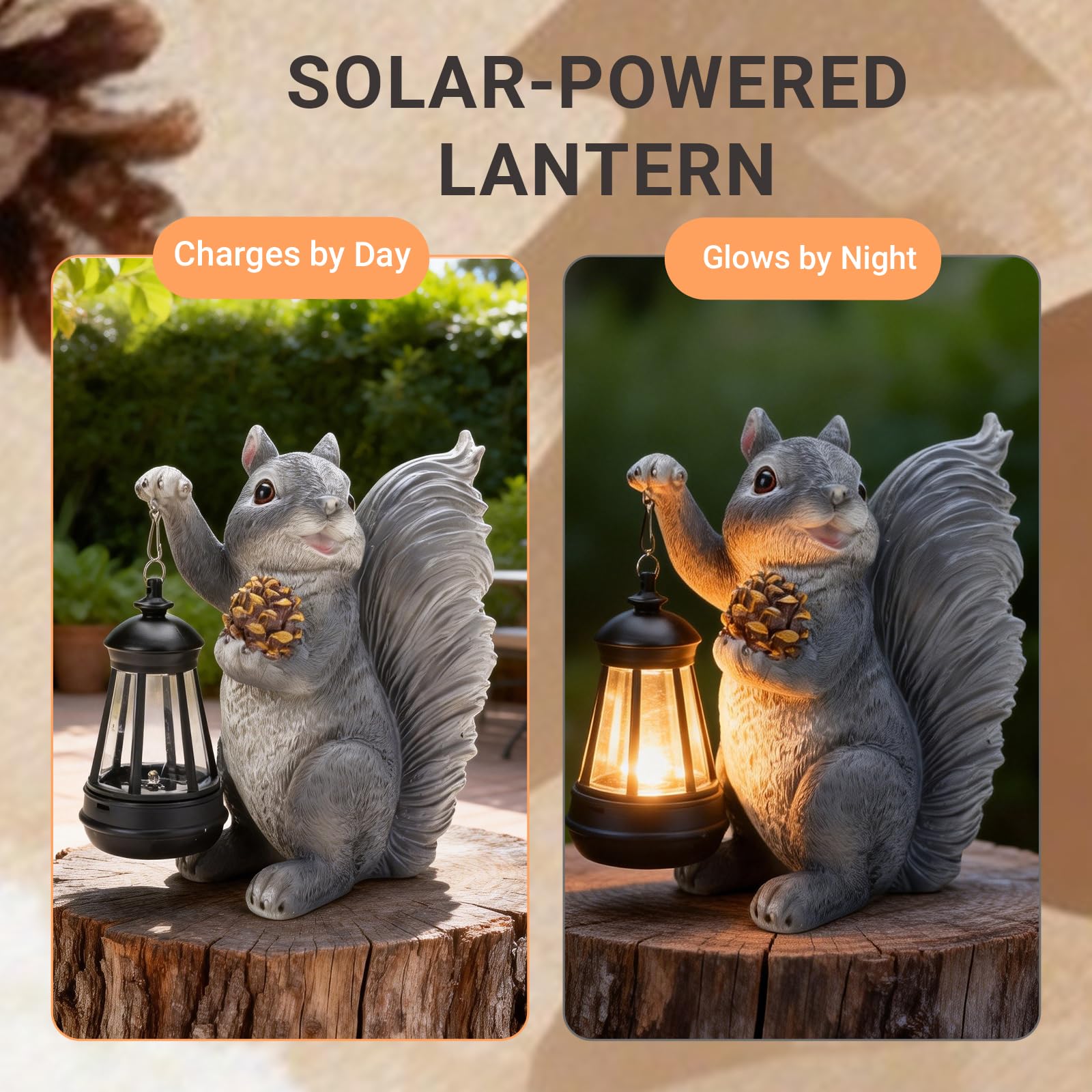 Elegondrar garden lantern detail showing squirrel and lantern features.
