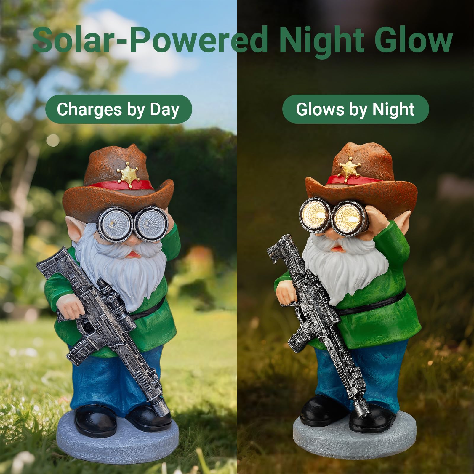 Elegondrar solar-powered gnome casts a warm glow on patios after a sunny day.