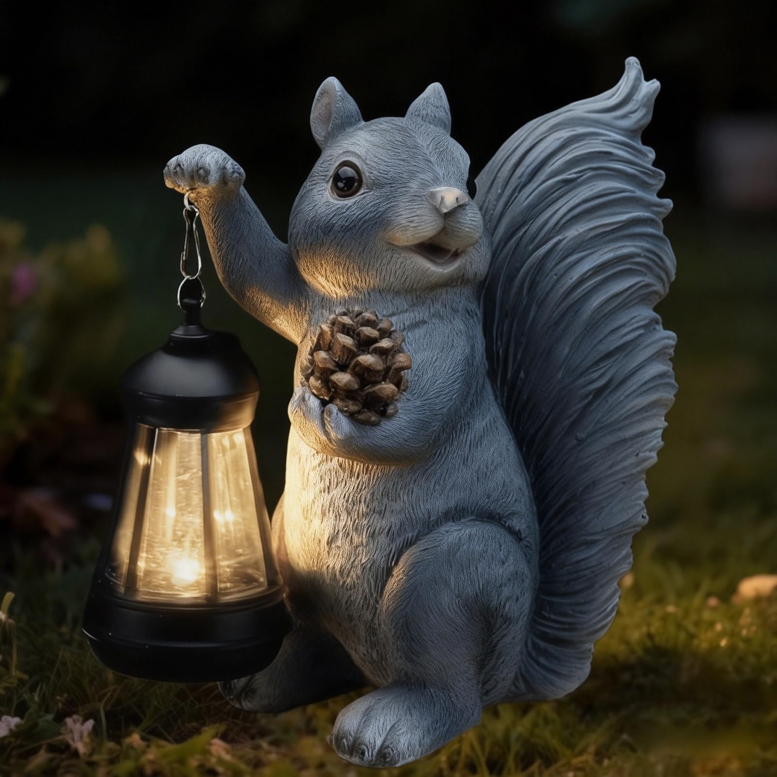 Elegondrar solar squirrel lantern lights gardens at night with eco-friendly glow.