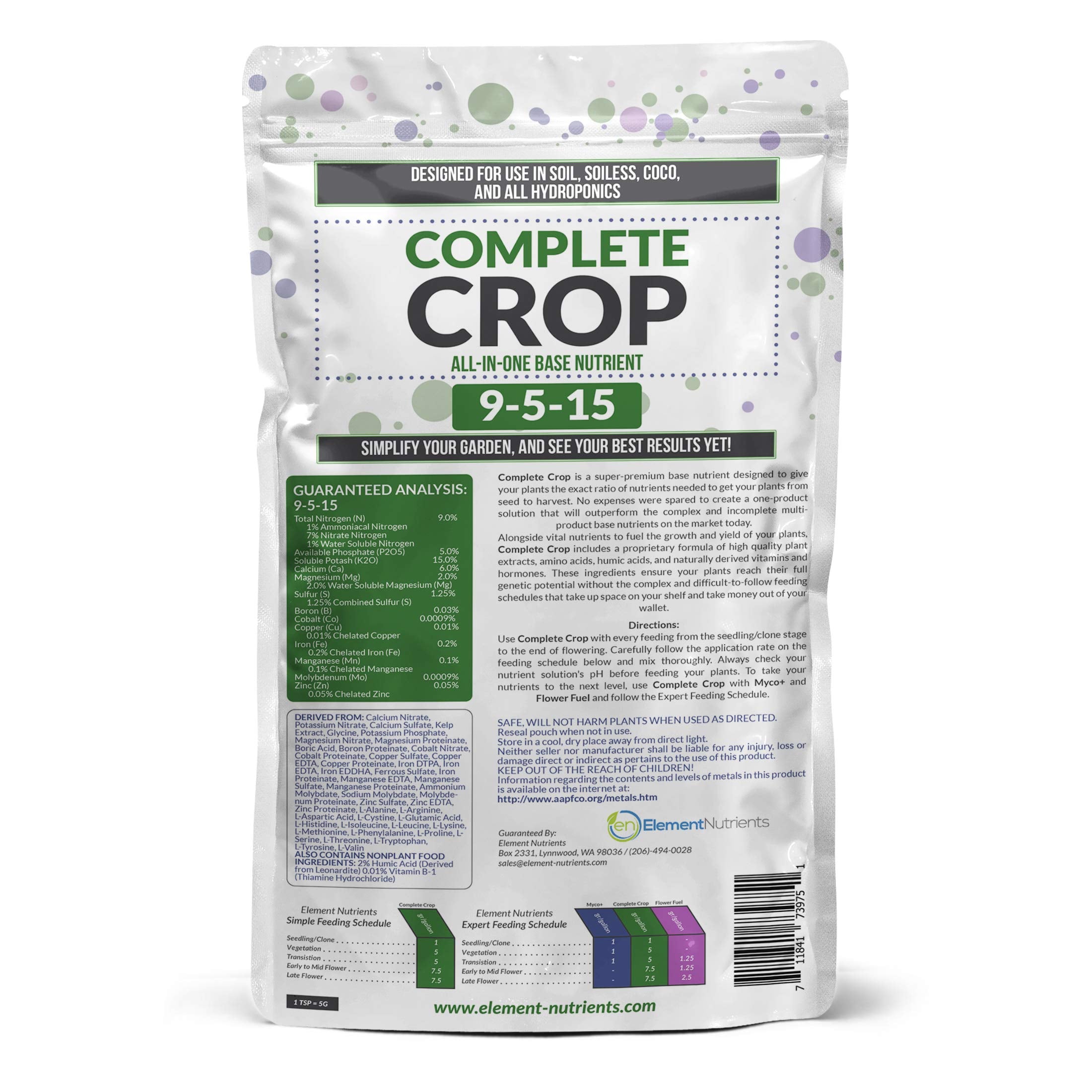Element Nutrients Complete Crop 9-5-15 label close-up showing the 9-5-15 formula for steady nutrition.