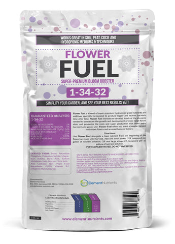 Flower Fuel bottle pour action demonstrates mix ready concentrate for efficient bloom feeding.