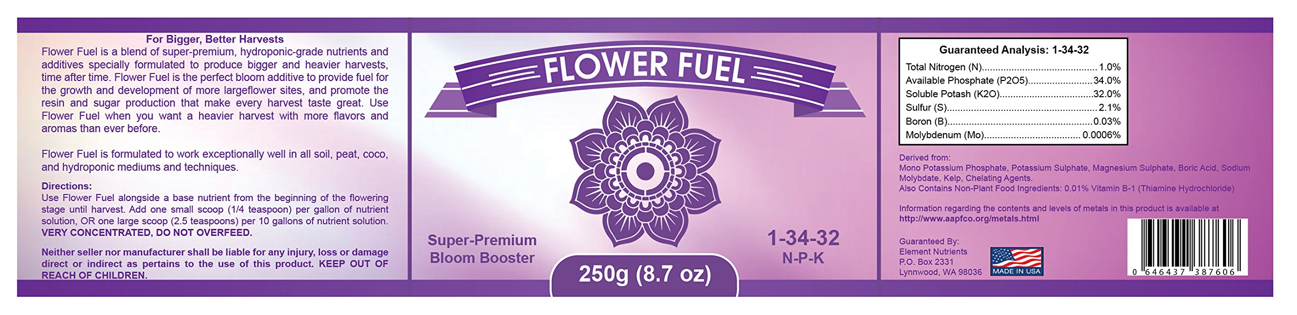 Element Nutrients Flower Fuel ingredients closeup signals rich formula for robust growth.