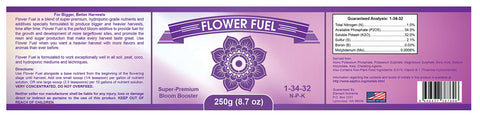 Element Nutrients Flower Fuel ingredients closeup signals rich formula for robust growth.