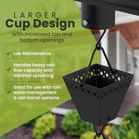 Elemental Eden black powder-coated rain chains highlight rust resistance and modern exterior style