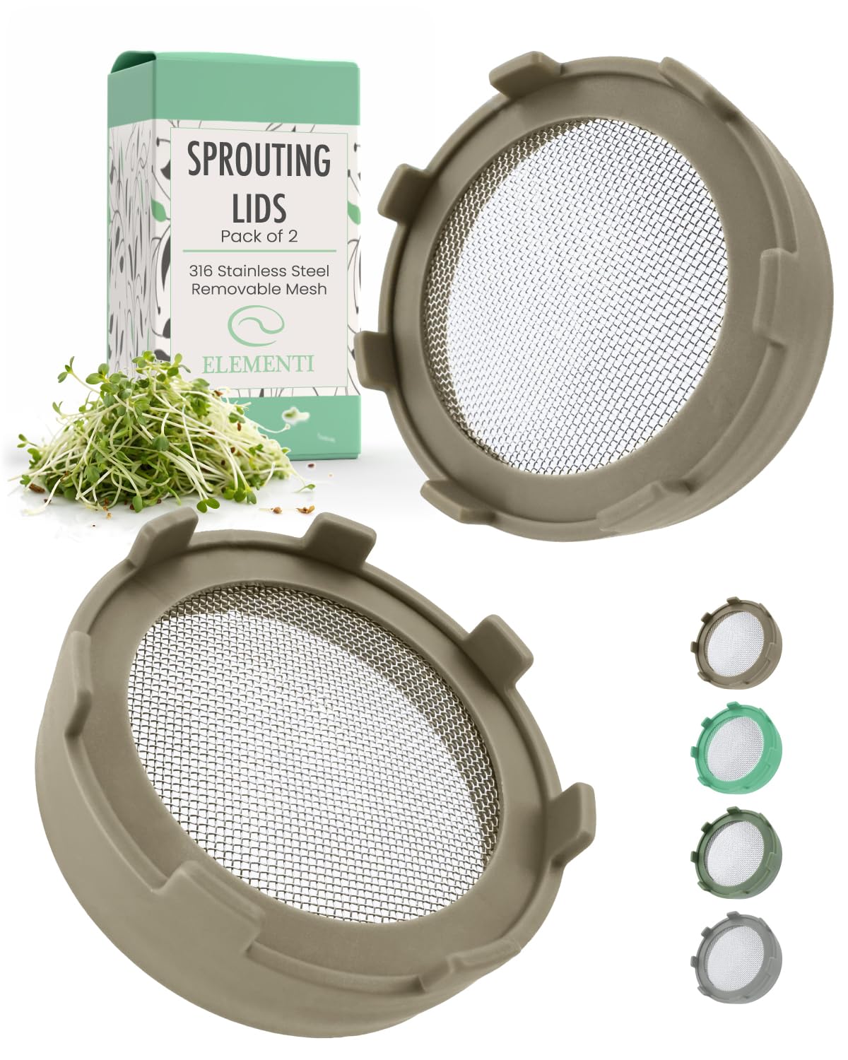 Elementi sprouting lid on a wide mouth jar showing easy air circulation for sprouts.
