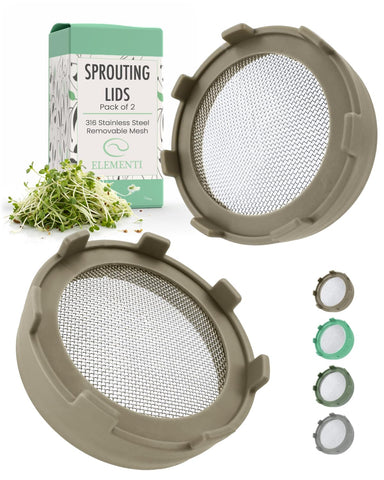 Elementi sprouting lid on a wide mouth jar showing easy air circulation for sprouts.