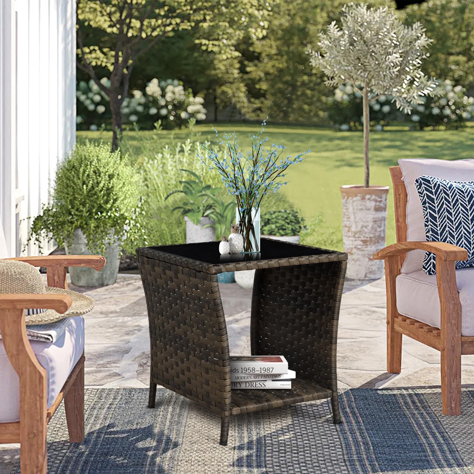 Elepude wicker end table with bottom storage shelf for outdoors