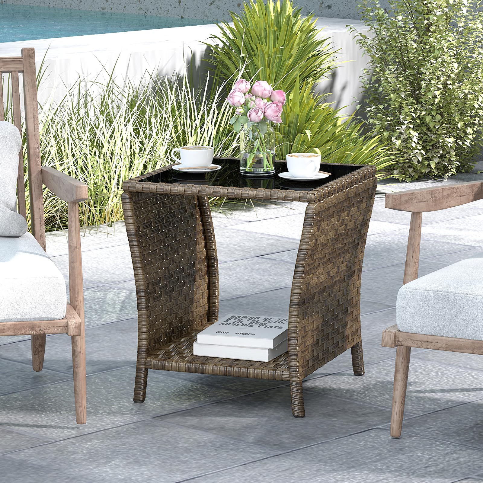 Elepude end table styling with cushions and plants for a cohesive look