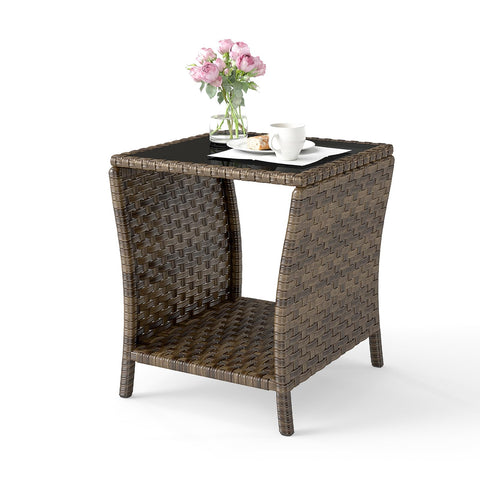 Elepude outdoor wicker side table with glass top for stylish patio setup