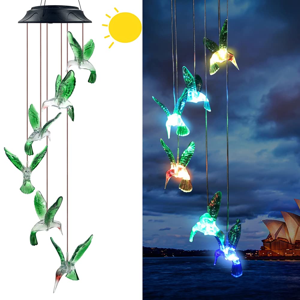 Eleven Direction Hummingbird Solar Chimes glow at night with color-changing lights.