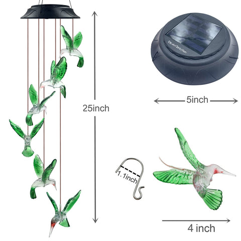 Hummingbird chimes featuring solar panel powering daytime recharge for evening glow.