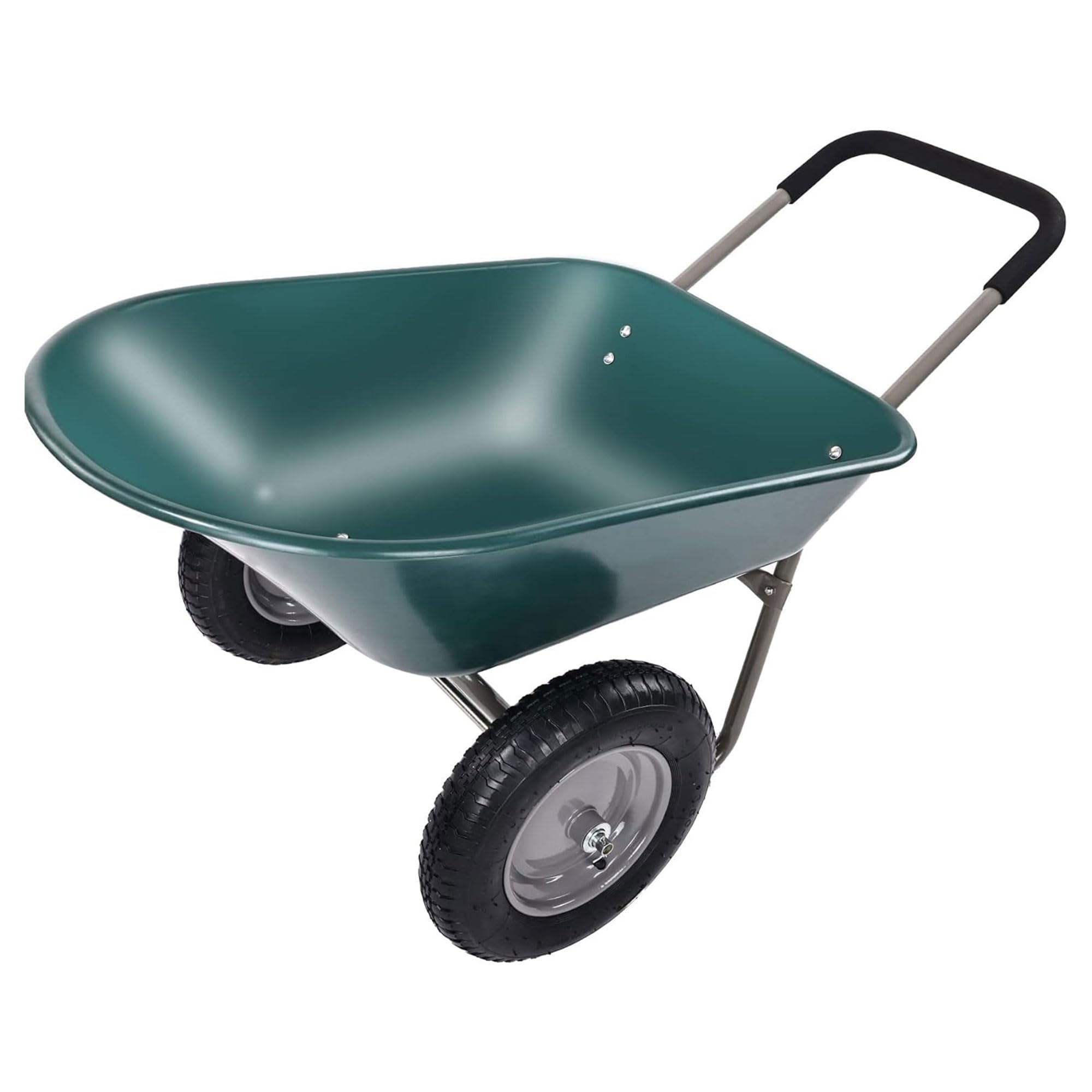 Elevon 2‑wheel gardening wheelbarrow with built-in stand in green for easy yard tasks.