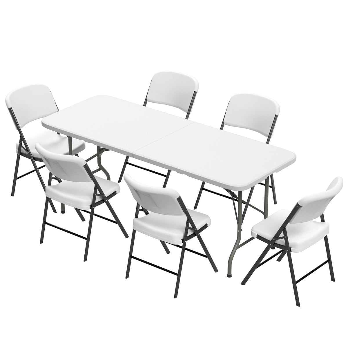 Elevon six-ft folding table with white chairs ready for outdoor event use
