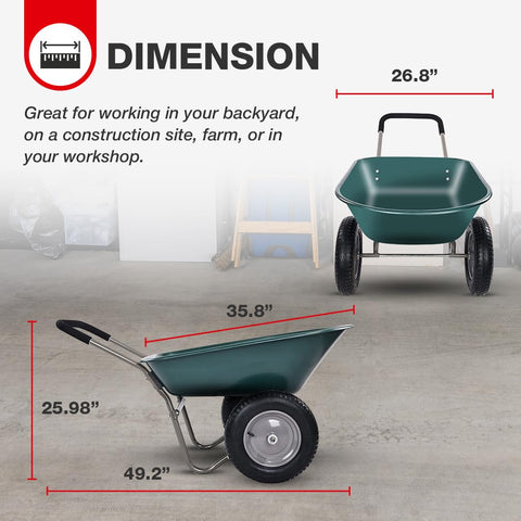 Elevon wheelbarrow with 5‑cubic‑foot capacity for bulky materials.