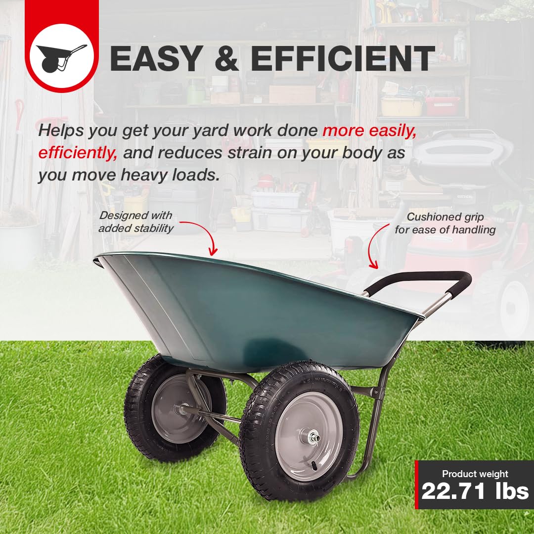 Elevon wheelbarrow with padded handlebar provides ergonomic grip during gardening.