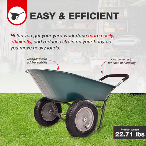 Elevon wheelbarrow with padded handlebar provides ergonomic grip during gardening.