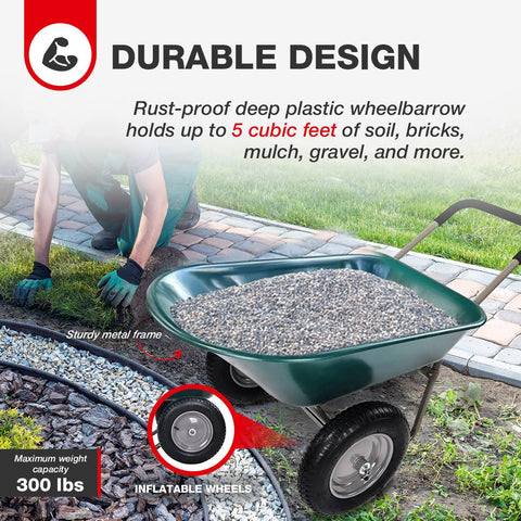 Elevon rust‑proof wheelbarrow designed to handle soil, bricks, mulch, and gravel.