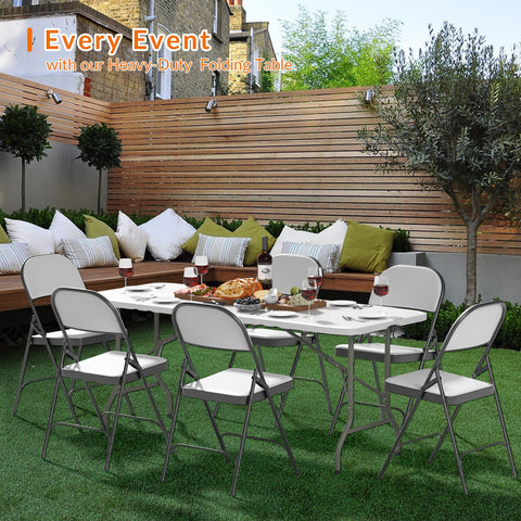 Elevon white folding chairs stack neatly for easy storage