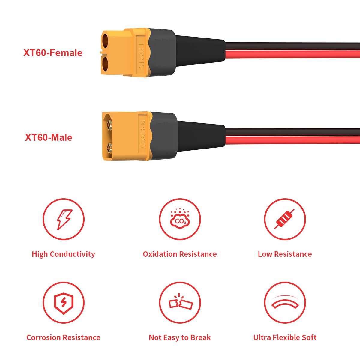 ELFCULB XT60 male-to-two-female cable 1ft enables quick battery splits.