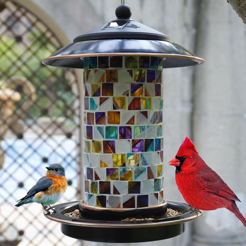 Elfonsol Solar Bird Feeder showcases mosaic sunset glass for colorful garden decor and seed supply.