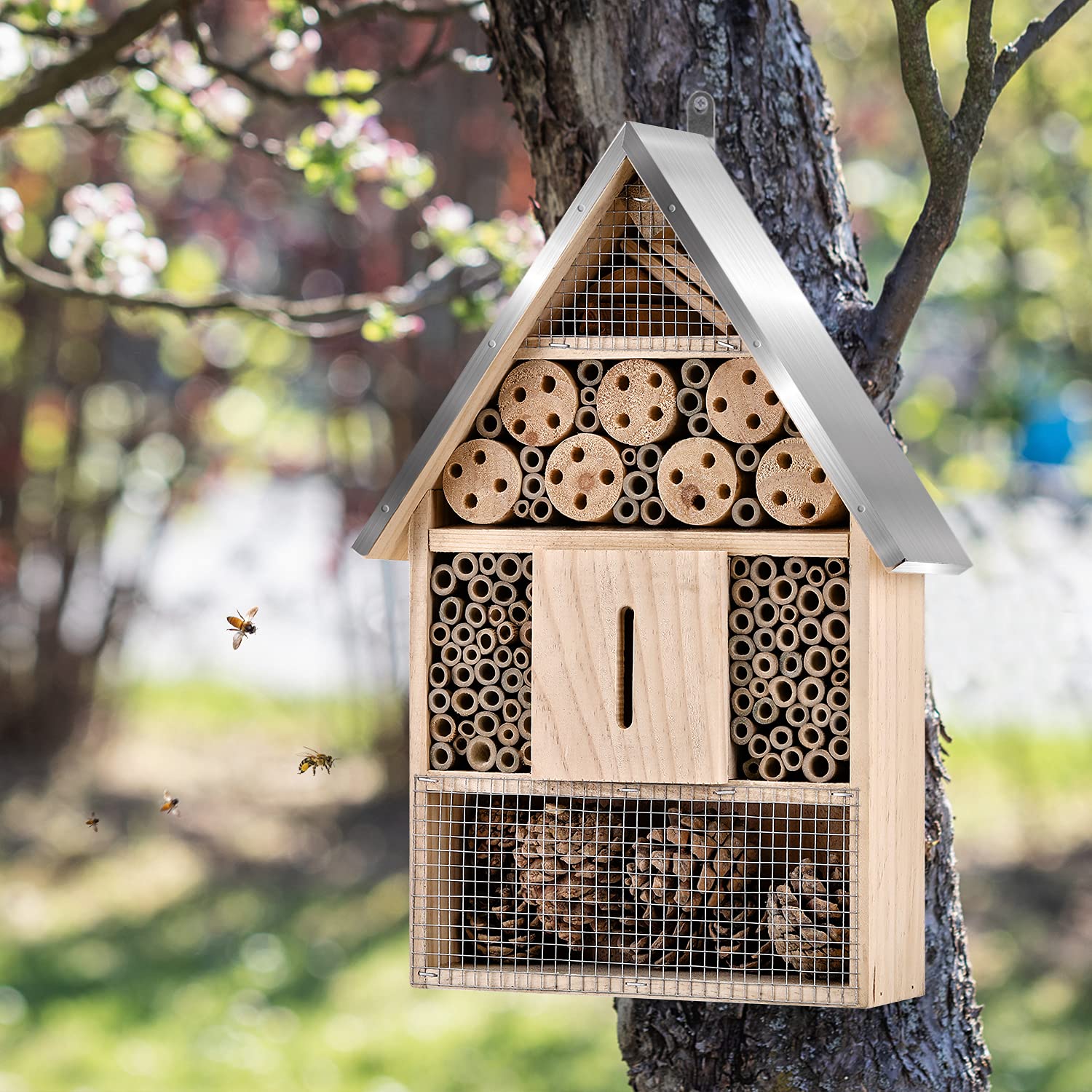 Elipark wooden insect hotel mounted outdoors ready for pollinators