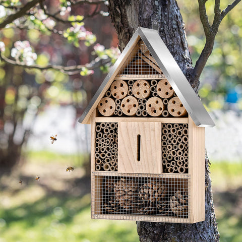 Elipark wooden insect hotel mounted outdoors ready for pollinators