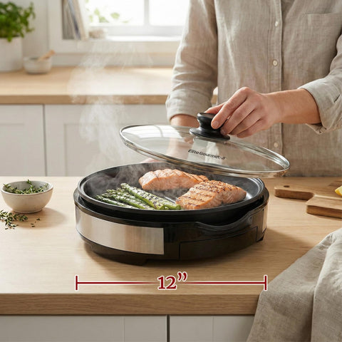 Elite Gourmet EMG6505G with glass lid for easy monitoring while cooking.