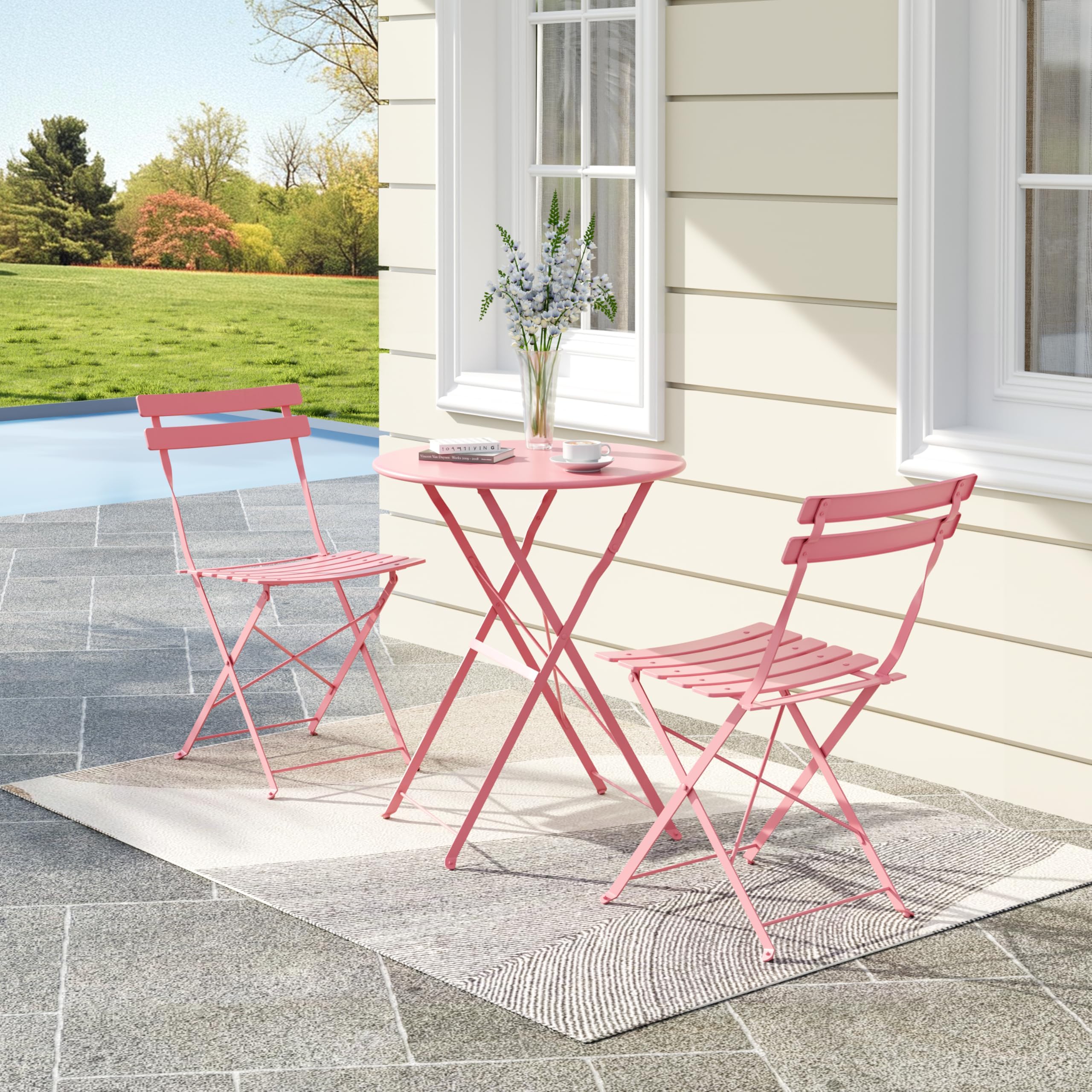 EliteEdge bistro set folding chairs pink, comfortable seating for morning coffee.