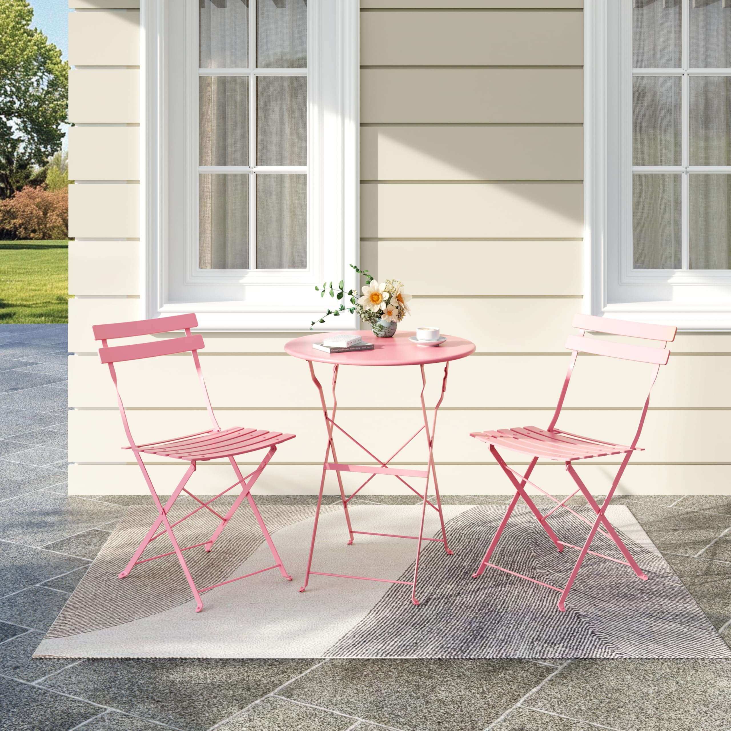 EliteEdge bistro set available in pink among other colors for versatile outdoor styling.