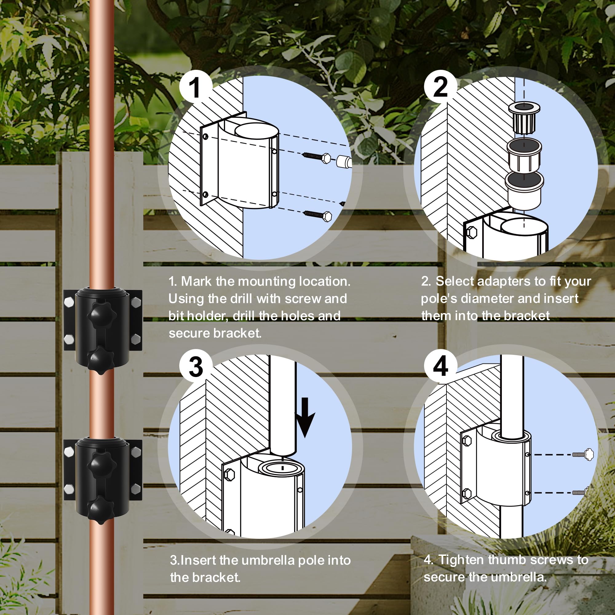 EliteShade universal pole fit accepts 1.5-1.9 inch poles with four screws