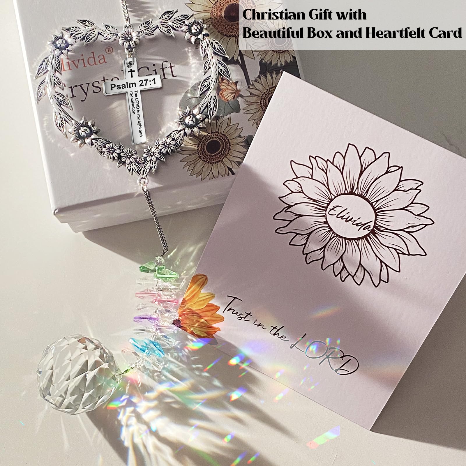 Elivida crystal suncatcher reflecting sunlight to brighten any room.