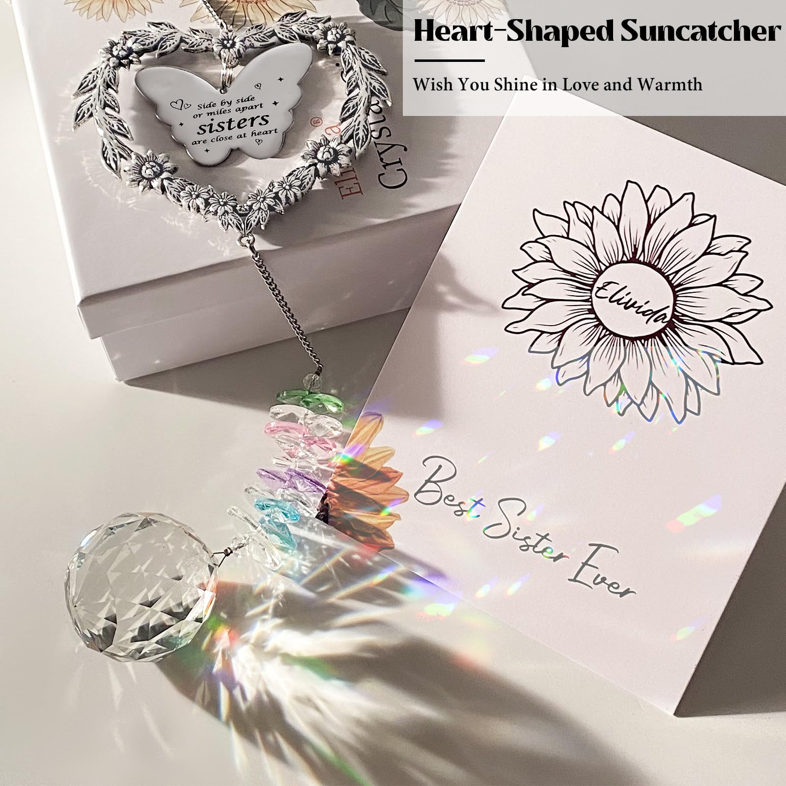 Elivida Suncatcher with butterfly metal accent symbolizes sisterly bond indoors or outdoors.