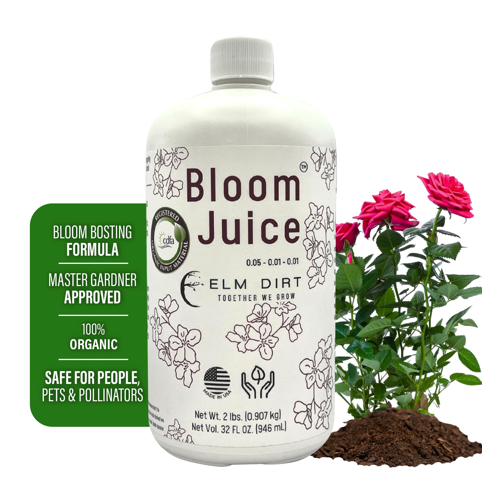 Elm Dirt Bloom Juice bottle pour shows easy feeding for thriving flowering plants