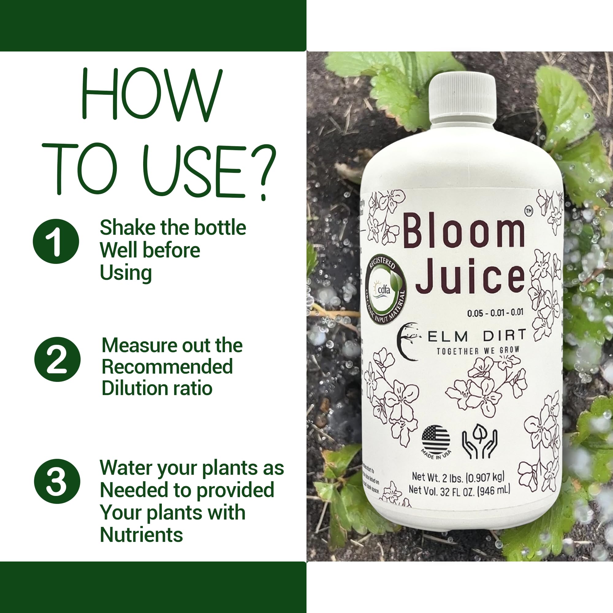 Close-up of Bloom Juice ingredients showing organic nutrients and plant-friendly minerals.