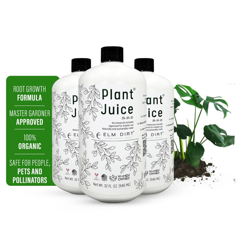 Elm Dirt Plant Juice bottle close-up showcasing organic nutrients for thriving indoor plants