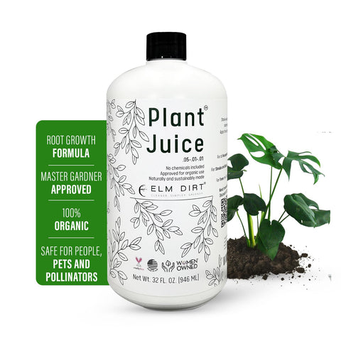 Elm Dirt Plant Juice bottle showing premium organic fertilizer for versatile plant care