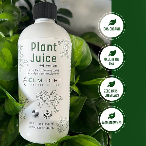 Elm Dirt Plant Juice in a garden scene promoting healthy vegetables and shrubs