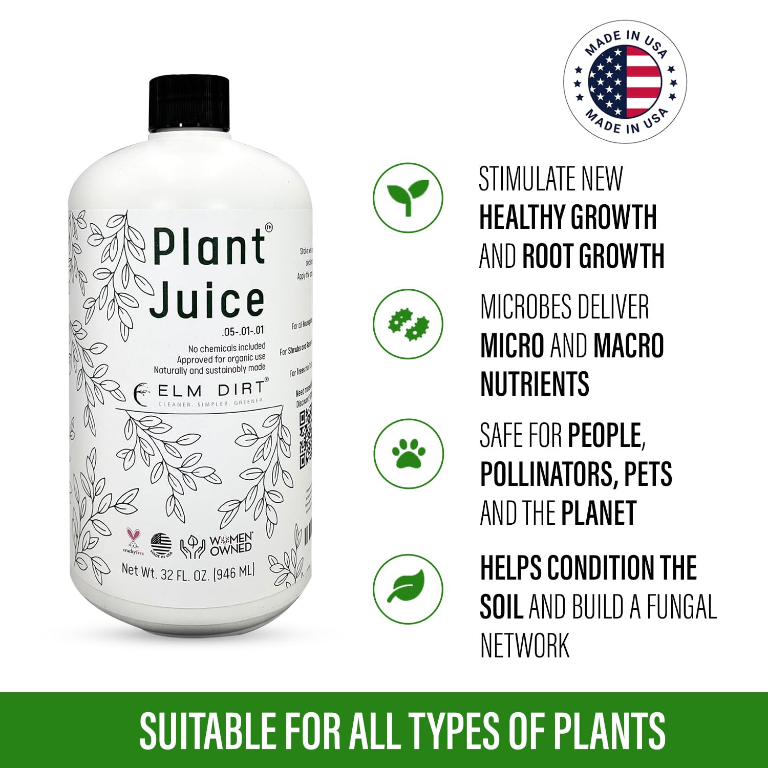 Elm Dirt Plant Juice label close-up highlighting nutrients and probiotics