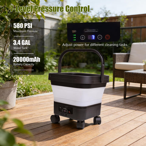Elmfruit 580 PSI battery-powered washer delivers strong vehicle cleaning.