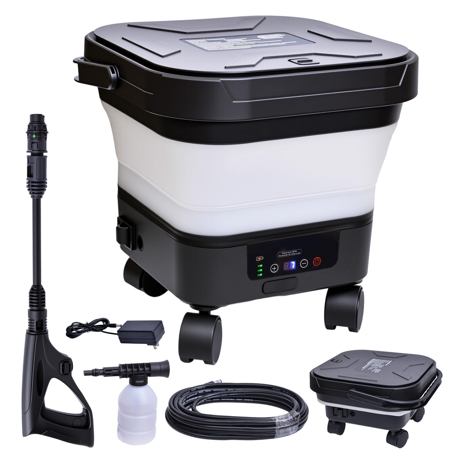 Elmfruit cordless pressure washer with built-in tank for on-site cleaning.