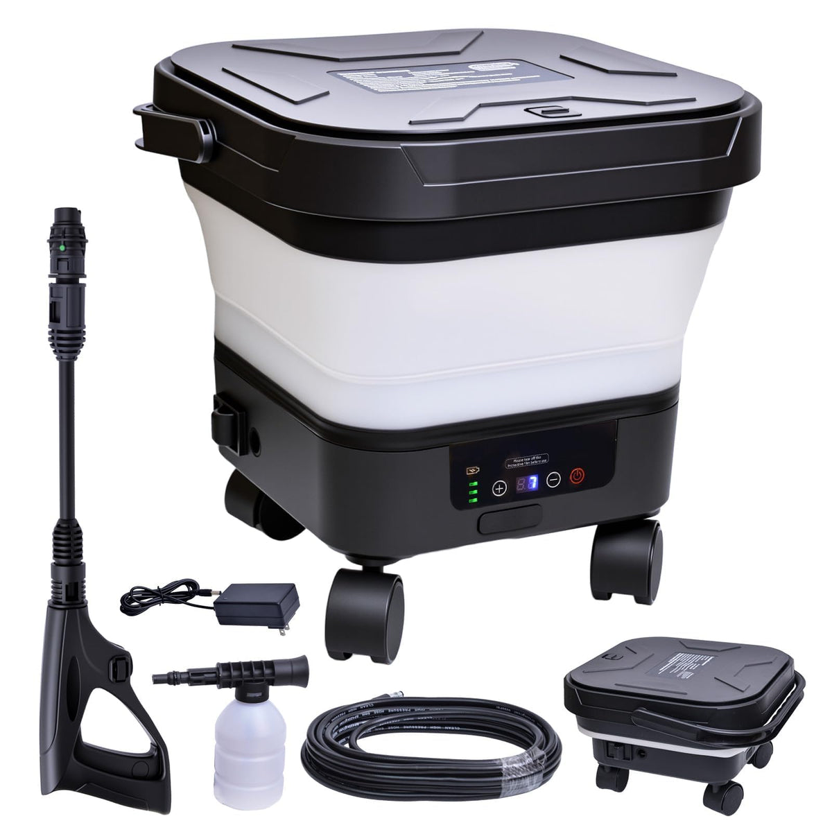 Elmfruit cordless pressure washer with built-in tank for on-site cleaning.